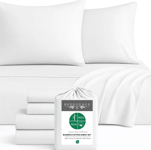 Miniatura 9 de BedVoyage Cozy Sheets Queen - Juego de sábanas de 50% viscosa de bambú y 50% mezcla de algodón, ropa de cama suave y transpirable, bolsillo profundo