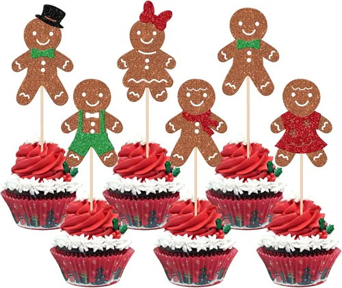 Miniatura 12 de 24 piezas de adornos para cupcakes de Navidad dorados verdes y rojos con purpurina, Papá Noel, árbol de Navidad, adornos para cupcakes para el tema