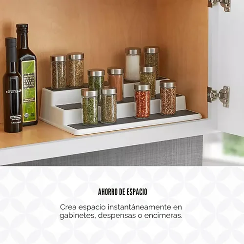 Miniatura 6 de Copco Organizador de especias de 3 niveles para armario o despensa, estante escalonado antideslizante de 10 pulgadas, diseño blanco/gris que