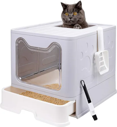 Miniatura 15 de Caja de arena plegable para gatos con tapa, orinal cerrado, inodoro grande de entrada superior antisalpicaduras, fácil de limpiar, incluye pala