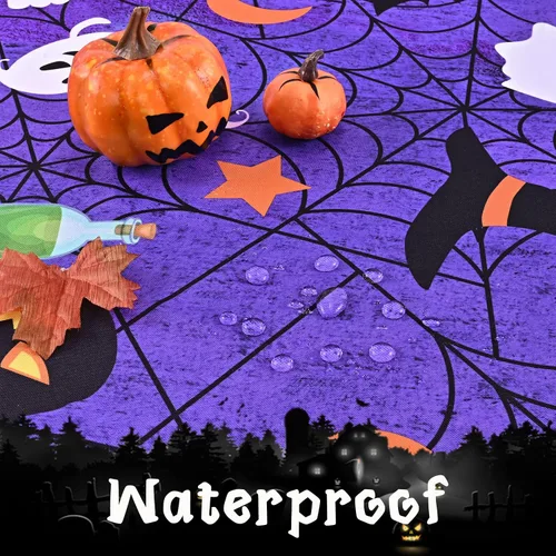 Miniatura 7 de Mantel de Halloween, tela de araña y calabaza, mantel impermeable de telaraña y fantasma, mantel impermeable a prueba de derrames para decoración