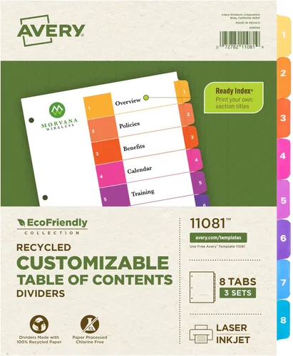 Avery Separadores reciclados ecológicos para carpetas de 3 anillas, 8 pestañas por juego, tabla de contenido personalizable, pestañas multicolor,