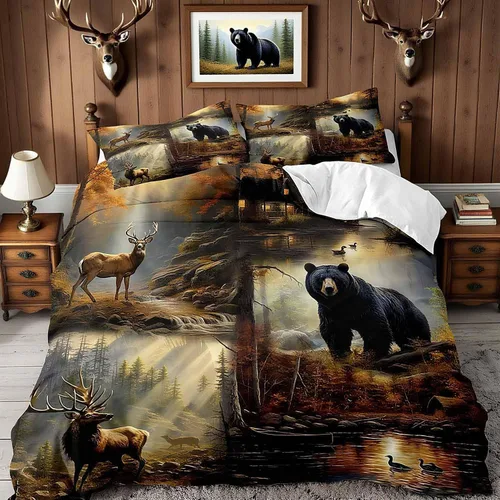 Miniatura 18 de LUVIVIHOME Juego de funda de edredón de 2 piezas, diseño de oso y alce, ciervo, ciervo, ropa de cama de cabaña, ropa de cama rústica de granja