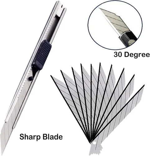 Miniatura 5 de Cuchillo utilitario de 0.354 in a presión, paquete de 3 cortadores retráctiles de alta dureza con 30 cuchillas a presión, cortador de pasatiempos