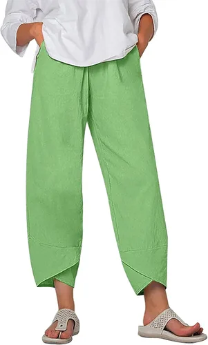 Miniatura 18 de Pantalones Capri de Lino de Algodón para Mujer 2025, Pantalones Palazzo Recortados Casuales con Estampado, Cintura Elástica, Pantalones Holgados