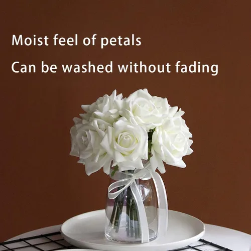 Miniatura 2 de DUYONE Rosas artificiales de un solo tallo 10 piezas de arreglo floral de seda falsa, toque real para decoración del hogar, fiesta, boda (blanco)