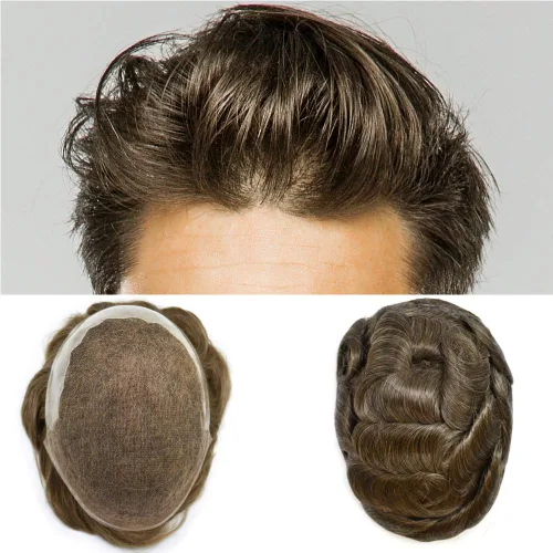 Miniatura 78 de Toupee - Sistemas de reemplazo de cabello para hombre, encaje frontal suizo, nudo blanqueado, pieza de cabello humano natural 1# negro azabache, 8 x