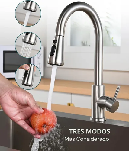 Miniatura 4 de Hiqufet Grifo de cocina con rociador extraíble, grifo de fregadero de cocina de arco alto de una sola manija, grifos modernos de acero inoxidable