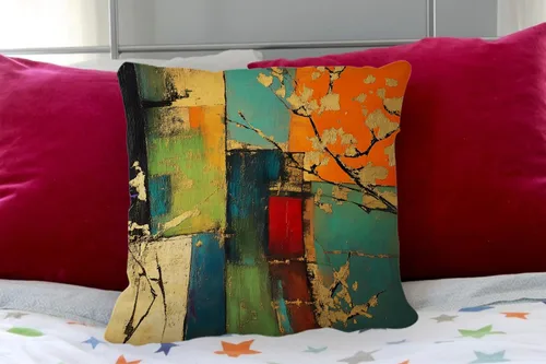 Miniatura 3 de IBILIU Fundas de almohada de 18 x 18 pulgadas con diseño de arte grunge, color verde, rojo y dorado, pintura de óxido, fundas de cojín de lino
