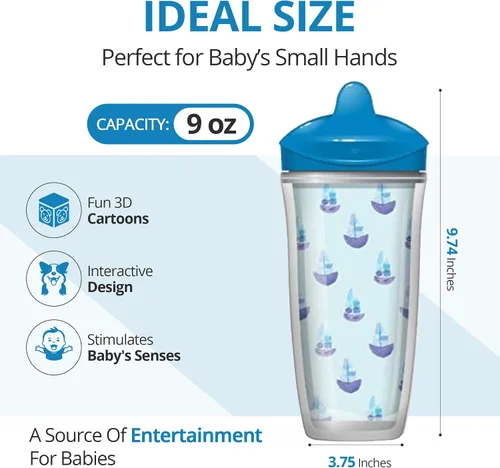 Miniatura 5 de Playtex Baby Sipsters - Vaso para sorber de boquilla dura para más de 12 meses, 9 onzas (2 unidades), diseño de ancla azul y velero, botella de agua