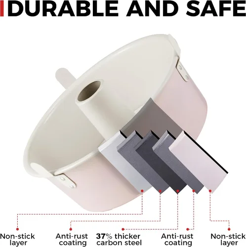 Miniatura 3 de HONGBAKE Molde antiadherente para pastel de ángel con fondo extraíble, moldes tipo tubo de 10 pulgadas para hornear pastel chiffon, 16 tazas, Rosa
