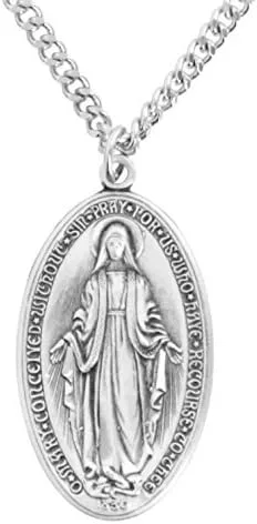 Heartland - Medalla milagrosa ovalada de plata de ley para hombre + fabricada en Estados Unidos + cadena a elección