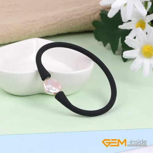 Miniatura 2 de GEM-Inside Big - Pulsera de joyería de perlas de 0.512 in para dama de honor, color negro, apilable, goma de silicona, elástica, perlas cultivadas