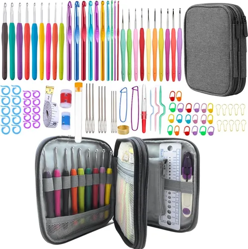 Miniatura 9 de Juego de 100 ganchos de ganchillo en estuche con mango ergonómico de agarre suave, hilo para tejer, agujas de tejer, kit de accesorios para agujas