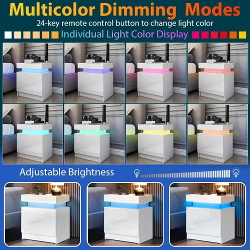 Miniatura 3 de HOMMPA Mesita de noche LED, mesita de noche blanca con luces LED, moderna mesita de noche con 2 cajones de alto brillo, mesita de noche inteligente