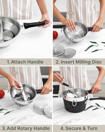 Miniatura 6 de Molino de alimentos de acero inoxidable con asas desmontables – Molino de manivela para comida de bebé, salsa de tomate y puré de papas – Incluye 3