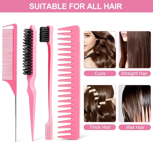 Miniatura 7 de Juego de 4 peines para el cabello, cepillo de cerdas para borde, peine de cola de rata y peine de dientes anchos para mujeres, niñas y hombres, Rosa