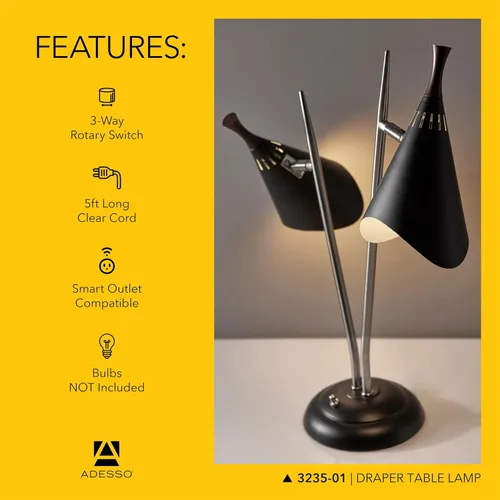 Miniatura 5 de Adesso 3235-01 Draper Lámpara de escritorio, 22 in., 2 x 60W incandescente/2 x 13W CFL, acero cepillado/pintado negro con acento de madera, 1