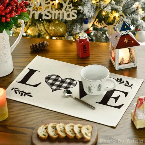 Miniatura 5 de Artoid Mode Love Family Together Home - Juego de manteles de cuadros búfalo de 6 piezas, 30x46 cm, manteles de mesa de temporada para decoración