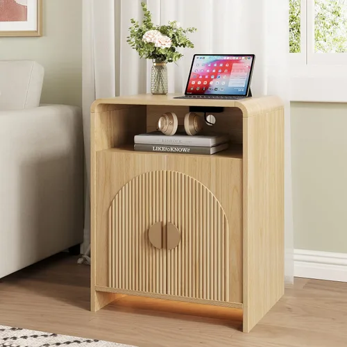Miniatura 9 de Mesita de noche con estación de carga y luces LED, mesitas de noche con armario de almacenamiento ajustable, mesa auxiliar moderna con puertas