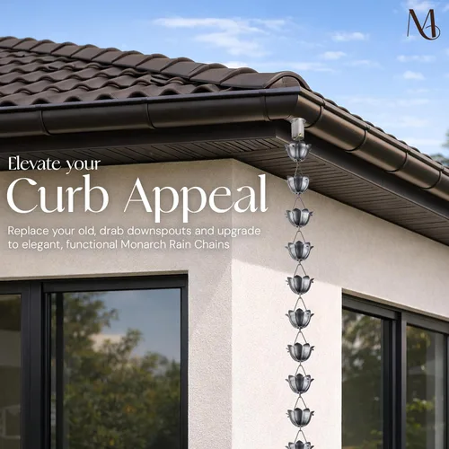 Miniatura 6 de Monarch Rain Chains Cadenas de lluvia de estaño de loto de aluminio para canaletas – Cadena de lluvia decorativa de peltre de 8.5 pies