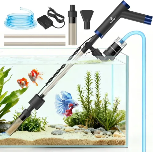 fishkeeper Limpiador eléctrico para peceras – Herramientas de limpieza de acuarios recargables de 8 W con aspiradora de grava, cambiador de agua