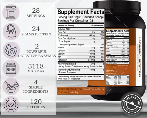 Miniatura 2 de Stellar Labs Proteína de suero en polvo con BCAA y aislado de suero Certificado bajo en FODMAP, sin OMG, sin gluten, sin soja, bajo