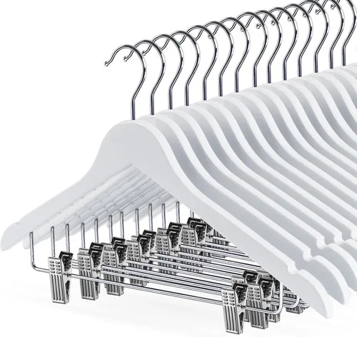 Miniatura 9 de HOUSM - Paquete de 16 perchas de madera para faldas con clips, perchas de madera maciza para pantalones, acabado natural, acabado liso, madera