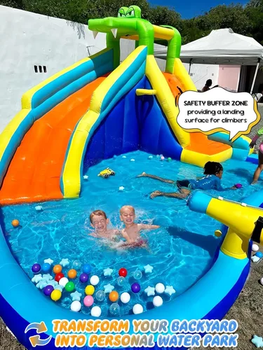 Miniatura 6 de ROOJER Tobogán acuático inflable de cocodrilo para patio trasero de niños, 8 en 1, casa de rebote húmeda y seca, parque acuático con soplador