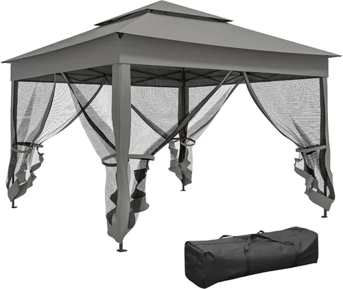 Miniatura 13 de Outsunny 11' x 11' Carpa desplegable de toldo, refugio para patio al aire libre con mosquitero con cremallera extraíble, carpa instantánea para Caqui