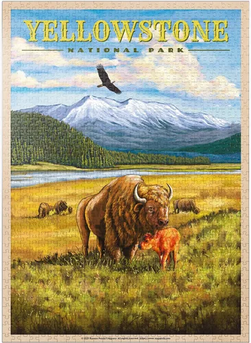 Miniatura 9 de MyPuzzle Yellowstone National Park - Bisons del valle de Hayden, póster de viaje vintage, rompecabezas prémium de 500 piezas para adultos