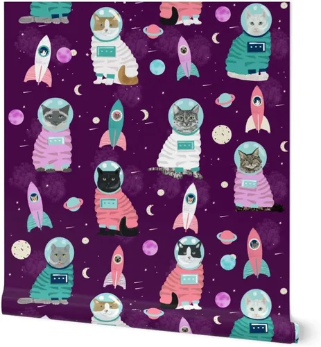 Muestro de papel tapiz extraíble – Gatos espaciales Gato lindo gatito gatito púrpura mascota Retrato personalizado pre-pegado papel pintado por