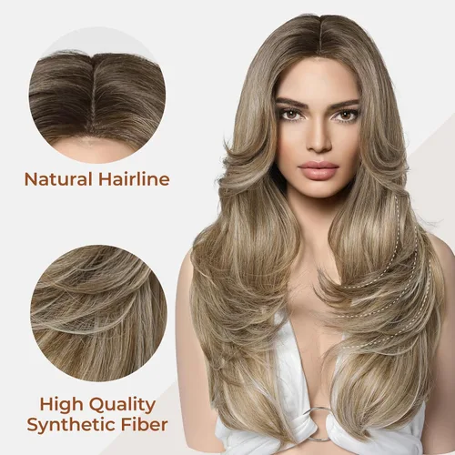 Miniatura 8 de LONAI Pelucas de color castaño ceniza para mujer, 24 pulgadas de largo, color marrón degradado, parte media, peluca de cabello sintético para uso