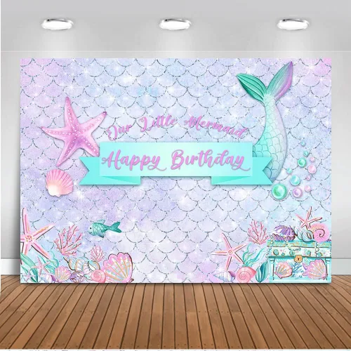 Mocsicka Telón de fondo de sirena de cumpleaños con purpurina púrpura bajo el mar, decoración de fondo para fiesta de cumpleaños para niñas, conchas