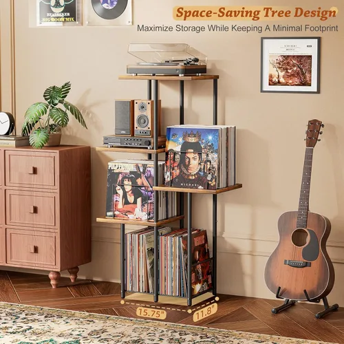 Miniatura 5 de Soporte para Tocadiscos, Soporte de Almacenamiento de Discos de Vinilo con Estante de Exhibición, Mesa de Soporte para Tocadiscos con Divisores