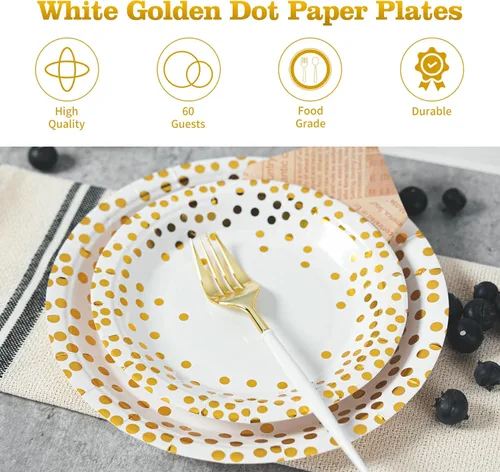 Miniatura 4 de Lullaby 120 piezas de platos de papel blancos, platos de papel dorado desechables, 60 piezas de platos de cena de 9", 60 piezas de platos de postre
