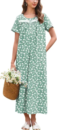 Miniatura 21 de Ekouaer Camisón para Mujeres de Algodón Camisón Largo de Noche Camisón de Manga Corta con Bolsillos Camisón con Botones Ropa de Dormir Suave