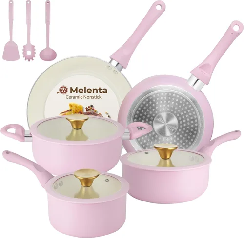 M MELENTA Juego de ollas y sartenes antiadherentes, juego de utensilios de cocina de cerámica rosa, utensilios de cocina de inducción de 11 piezas,