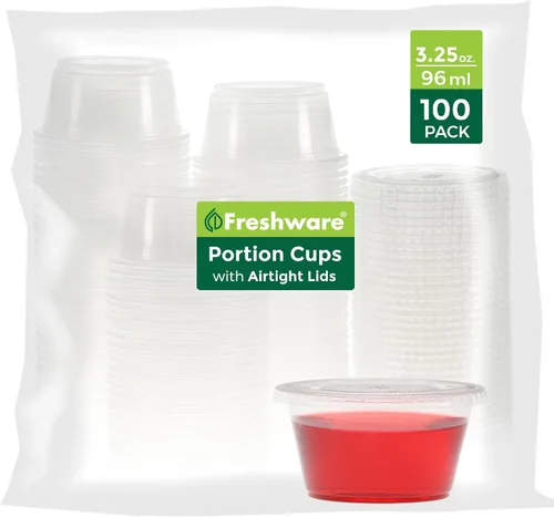 Miniatura 8 de Freshware Vasos de Plástico para Porciones con Tapas [1 Onza, 100 Juegos] Vasos de Plástico Desechables para Preparación de Comidas, Aderezo