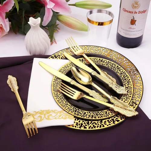 Miniatura 4 de El juego de vajilla de plástico dorado de 350 piezas incluye platos desechables negros con cubiertos de plástico dorado únicos, servilletas de lino