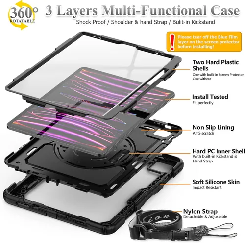 Miniatura 8 de SEYMAC stock Funda para iPad Pro de 12.9'' 2022/2021/2020/2018 con protector de pantalla giratorio 360 y correa de mano, funda a prueba de caídas