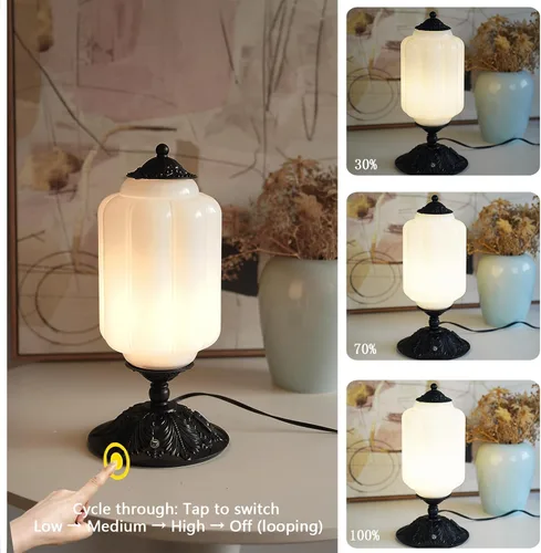 Miniatura 7 de Lámpara de mesa vintage de vidrio de leche con control táctil, elegante lámpara de noche de vidrio blanco regulable de 3 vías con puertos de carga