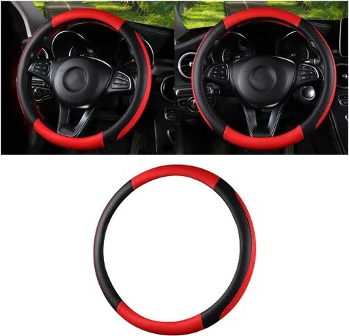 Miniatura 7 de HZEL Funda para volante de automóvil, protector de volante de vehículo de cuero de fibra de carbono, antideslizante, transpirable, accesorios