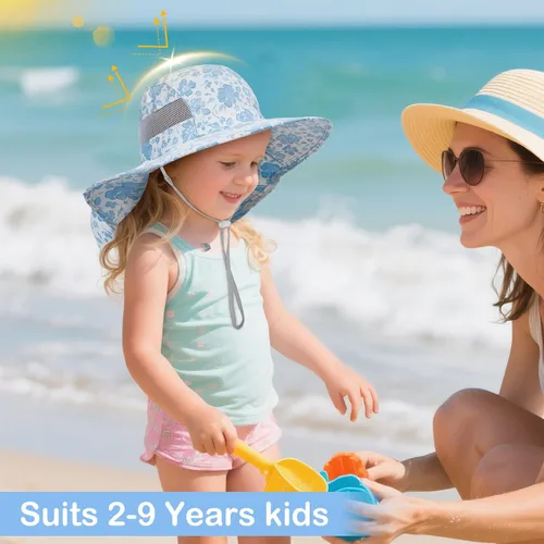 Miniatura 14 de Sombrero de sol para niños, protección UV, unicornio, verano, playa, jugar con ala ancha, solapa para el cuello para niñas y niños
