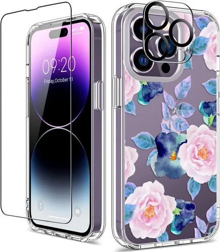 Miniatura 36 de Funda para iPhone 14 Pro con protector de pantalla, 6.1 pulgadas, transparente de cuerpo completo, a prueba de golpes, diseño floral, para niñas