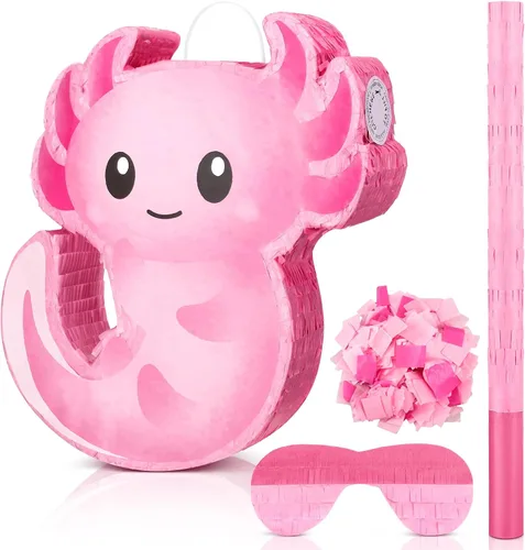 Piñata de ajolote rosa para cumpleaños, fiesta de Navidad, piñata rosa con palo, confeti para Navidad, regalo de adultos, decoración de fiestas,