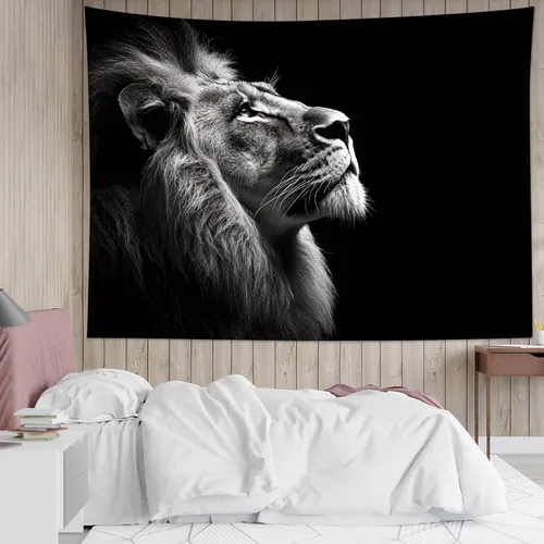 Miniatura 2 de LB Tapiz de león con animales salvajes, león africano, blanco y negro, gris, para colgar en la pared, dormitorio, sala de estar, dormitorio, arte