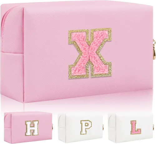 Miniatura 31 de Bolsa de maquillaje con parche de letra inicial personalizada, bolsa de cosméticos de chenilla preppy con letra de chenilla con cremallera, Y