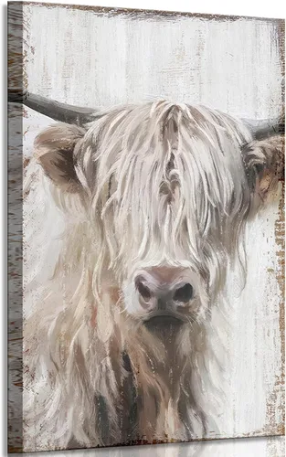 1 pieza de arte de pared de vaca Highland, lienzo de vaca de granja para decoración de pared, imagen de pintura blanca de vida silvestre, impresión
