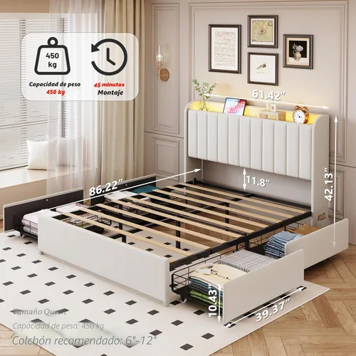 Miniatura 2 de Base de cama tamaño matrimonial con 4 cajones y cabecera de almacenamiento, base de cama tapizada con luces LED y práctica estación de carga,
